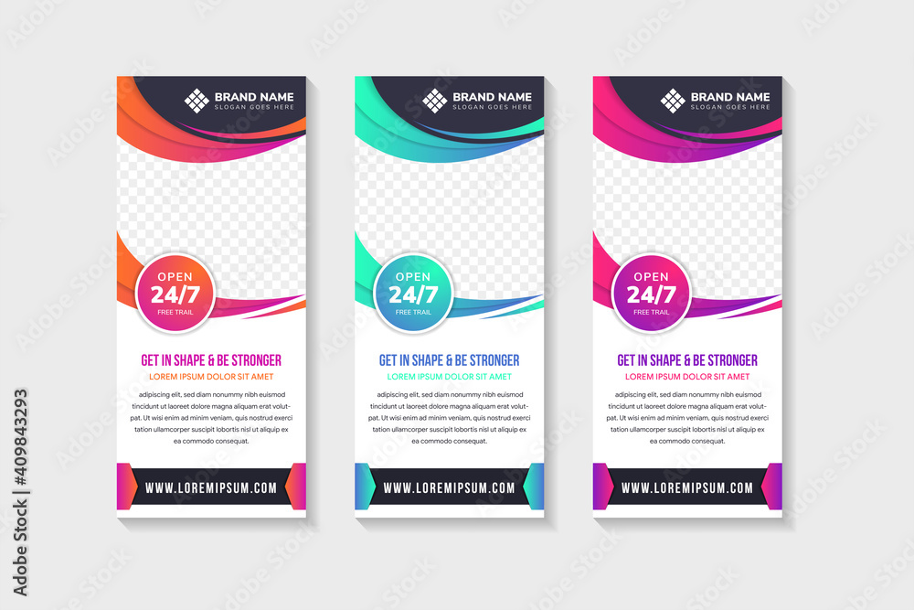 Poster set of abstract geometric banner template design with headline is get in shape and be stronger. vert