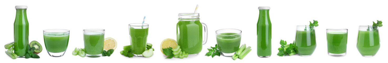 Set of fresh celery juice on white background. Banner design