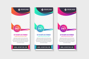 set of abstract geometric banner template design with headline is get in shape and be stronger. vertical layout with pink, blue and orange gradient on element. white background with space for photo