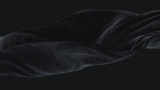 4k Black wave satin fabric background.Wavy silk dark cloth fluttering in the wind.tenderness and airiness.3D digital animation of seamless flag waving ribbon streamer riband.