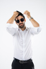 Fototapeta premium Portrait handsome Caucasian man wearing sunglasses standing hair style on white background.