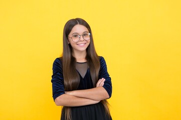 happy teen girl wearing glasses because of bad eyesight, fashion