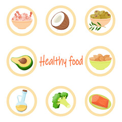 Healthy and useful food. Coconut, broccoli, avocado, salmon and shrimp, almond and olive