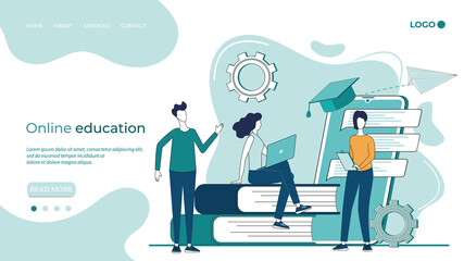 Online education.Educational webinar,online education at home.Online advanced training courses.the concept of distance learning.flat vector illustration.The landing page template.