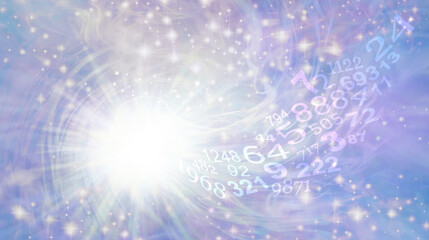Numerology Vortex Ethereal Background - Bright white light burst rotating star with sparkles on ethereal pastel blue purple with a flow of random numbers spiraling towards the white light
 - obrazy, fototapety, plakaty