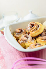Cinnabon rolls at the baking tray.