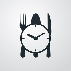 Hora de comer. Logotipo con reloj encima de tenedor, cuchara y cuchillo en fondo gris