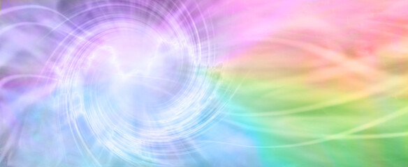 Rainbow Spiraling Vortex Background Banner - beautiful ethereal radiating gaseous energy  field with a spiral on left side with streams of energy trailing across to the right side and space for  copy  - obrazy, fototapety, plakaty