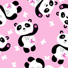 Seamless pattern with cute panda baby on color background. Funny asian animals. Card, postcards for kids. Flat vector illustration for fabric, textile, wallpaper, poster, gift wrapping paper