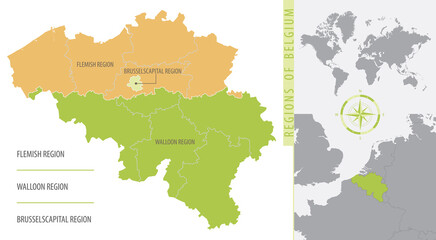 Fototapeta premium Detailed map of Belgium with administrative divisions of the country, color vector illustration