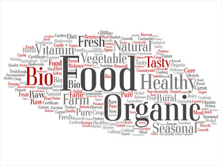 Vector concept conceptual organic food healthy bio vegetables abstract word cloud isolated background. Collage of natural, fresh tasty farm agriculture, certificate ecological garden quality crop text