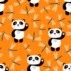 Fototapeta premium Seamless pattern with cute panda baby and dragonfly on color background. Funny asian animals. Card, postcards for kids. Flat vector illustration for fabric, textile, wallpaper, poster, wrapping paper
