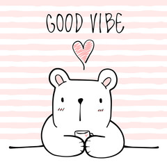 Cute polar bear holding a coffee cup in the morning cartoon doodle