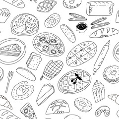 Cute doodle seamless pattern with various traditional American, Spanish, German, Italian and other bakery and pastry.