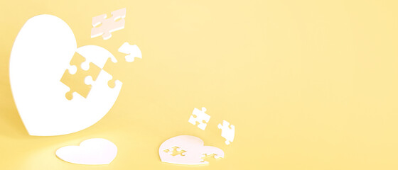 Jigsaw White Heart and Happy Valentine in Love Creative idea Concept on Yellow Background.digital banner art,Copy Space - 3d rendering