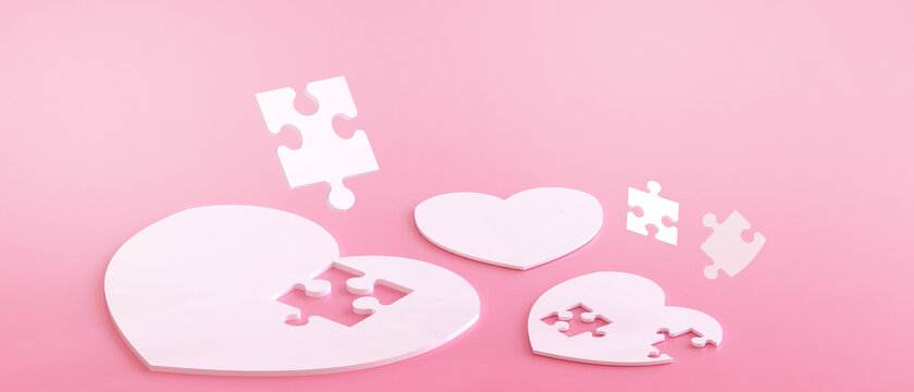 Jigsaw White Heart and Happy Valentine in Love fate Concept on Red Background.digital banner art,Copy Space - 3d rendering