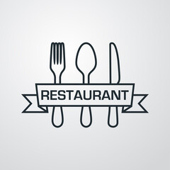 Logotipo con palabra Restaurant escrito en listón sobre cubiertos con lineas en fondo gris © teracreonte