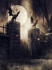 Dark scene with an old gothic gate with lanterns and stone gargoyles at night. 3D render. - obrazy, fototapety, plakaty
