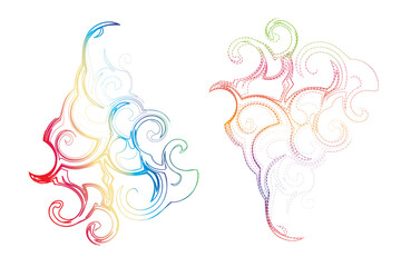 Abstract wavy shapes in spectrum colors on white background, vector.Vector shaped ghost motifs, one in a solid line, the other perforated.
