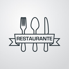 Logotipo con palabra Restaurante en español escrito en listón sobre cubiertos con lineas en fondo gris