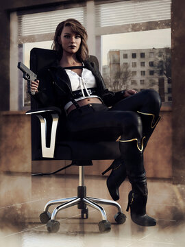 Young private detective sitting in her office in a chair, holding a gun. 3D render. The woman in the image is a 3D object. 