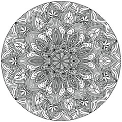 mandala drawn with abstract floral ornaments in folk style on a white background for coloring, vector