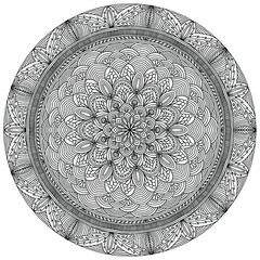flowers and ornaments in folk style forming a mandala drawn on a white background for coloring, vector