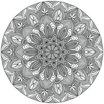 mandala drawn with abstract floral ornaments in folk style on a white background for coloring, vector