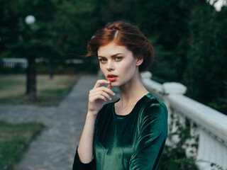 pretty woman red lips glamor nature green dress luxury model