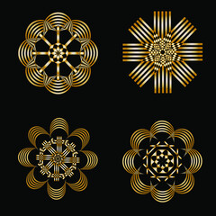 Golden round ornaments on black background. Vector gold design elements. 