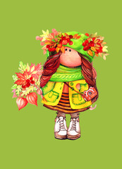 Girl for a walk  Autumn rowan branches with berries Raster version of illustration