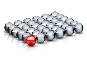 Group of metal silver balls with one red leader