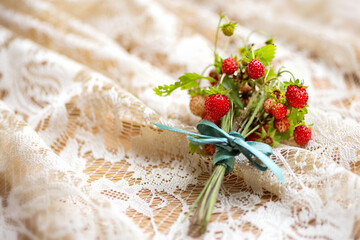 Cute bunch of wild strawberry twigs with red ripe berries on textile background