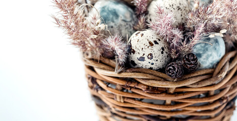 Easter composition with small eggs and dry. fluffy grass in wicker basket. Happy easter...