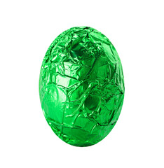 Chocolate egg wrapped in bright green foil isolated on white