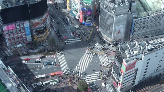 Aerial view over famous Shibuya intersection crossing. Shot in 4K, blurred logos