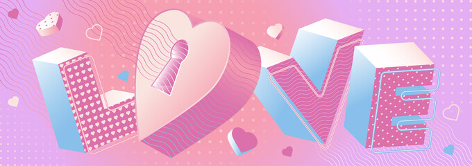 Memphis style card with large letters with the inscription love, with a large heart and a keyhole. 3D letters