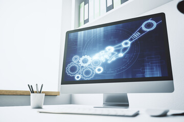 Fototapeta premium Modern computer monitor with robotics technology hologram. Research and development software concept. 3D Rendering