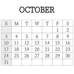 2021 calendar planner. October. Corporate week. Template layout, 12 months yearly, white background. Simple design for business brochure, flyer, print media, advertisement. Week starts from Sunday.