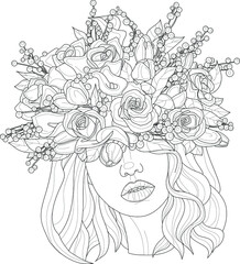 Realistic cartoon girl character in flower crown portrait sketch template. Young woman vector illustration in black and white for games, background, pattern, decor. Coloring paper, page, story book. 