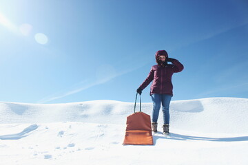 Young woman in the snow with slide