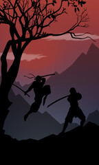 Fototapeta na wymiar Samurai and Ninja fight silhouette art