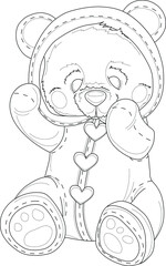 Cartoon teddy bear in pajamas with hearts sketch template. Graphic vector illustration in black and white for games, background, pattern, decor. Coloring paper, page, story book. Print for fabrics