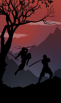 Samurai and Ninja fight silhouette art
