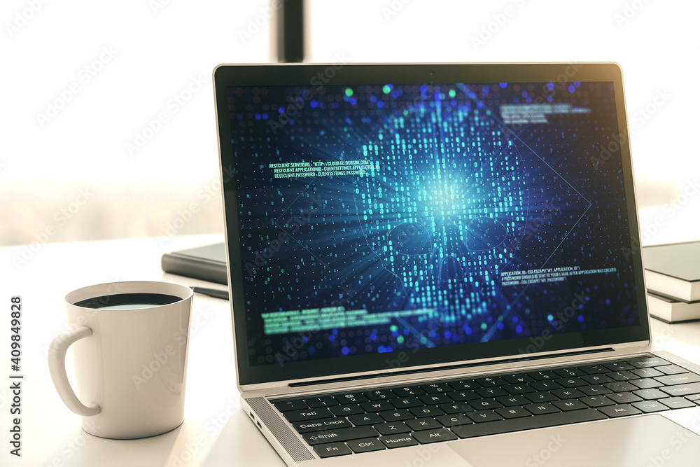 Leinwandbilder creative code skull hologram on modern computer monitor, cybercrime and hacking concept. 3d renderin