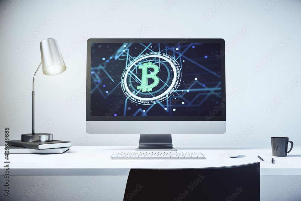 Poster modern computer monitor with creative bitcoin symbol. cryptocurrency concept. 3d rendering