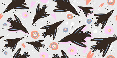 Colorful modern seamless pattern with abstract shapes, doodles and birds. Trendy illustrations in vector.