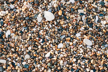Pebbles beach, stones background. Colorsful natural. Horizontal