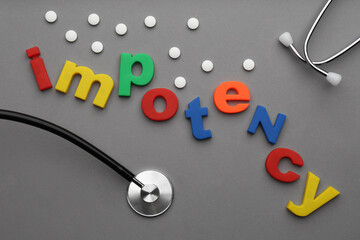 Flat lay composition with word IMPOTENCY on grey background