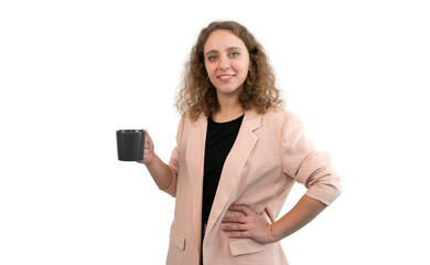 Fototapeta premium Business woman in suit holding a cup of coffee isolated on white background.